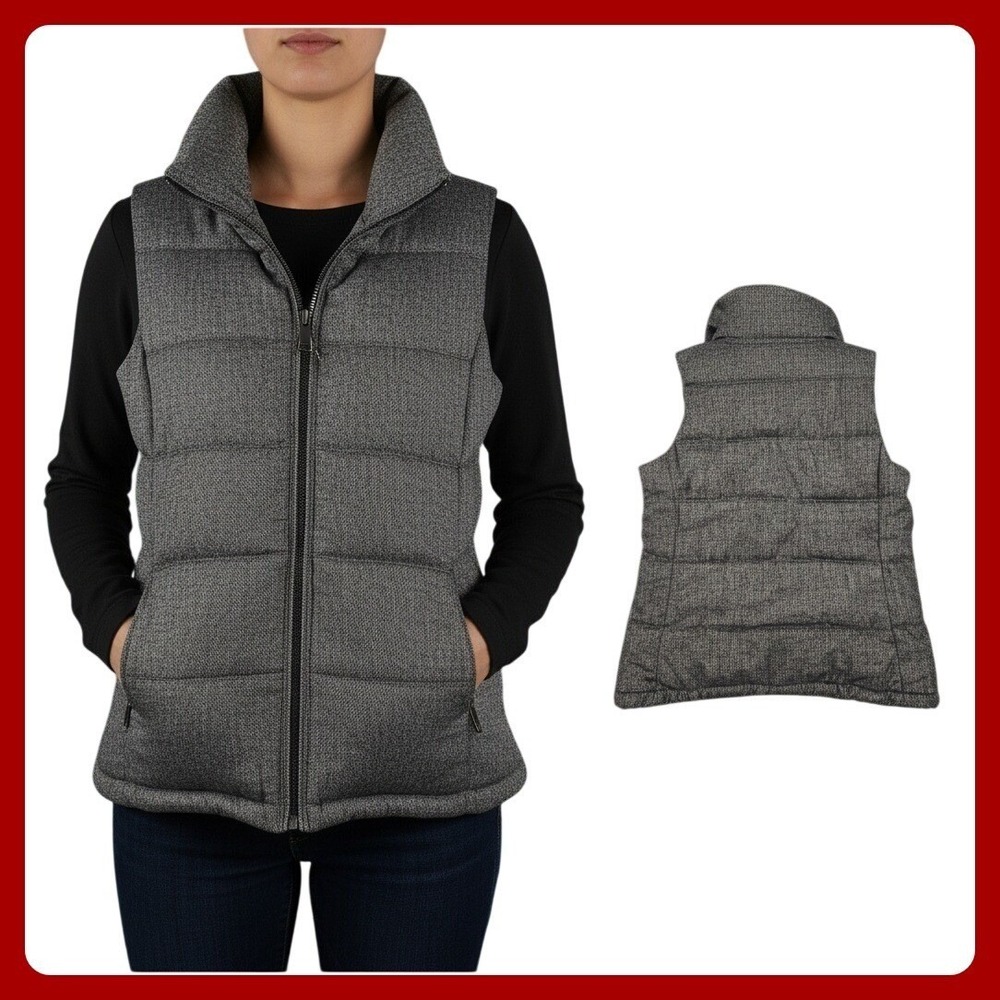 Old Navy Women Medium Herringbone Puffer Vest Wool Blend Gray Fleece Lined Tweed